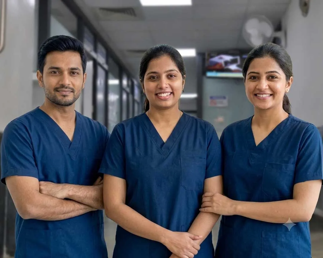 Three clinicians in navy scrubs standing side by side in a clinic corridor, facing the camera.