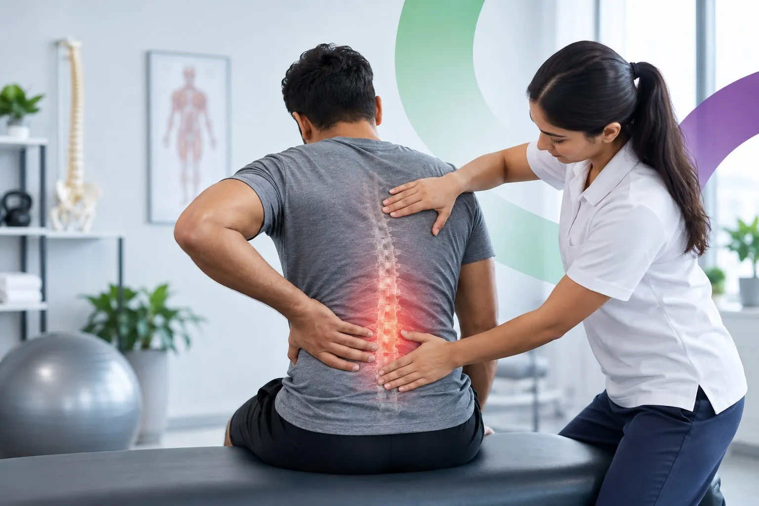 A physiotherapist standing beside a seated patient on a treatment couch, one hand on the mid-back and one on the lower back, with the lower spine picked out in red on a graphic overlay.
