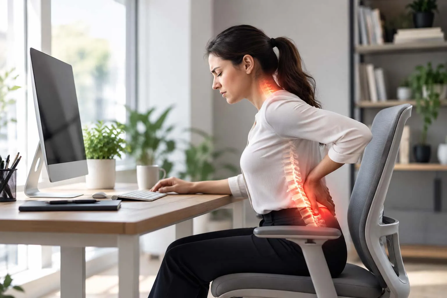 A woman at a desk turning away from her monitor with one hand pressed to her lower back, with the spine picked out in red on a graphic overlay at the neck and the low back.