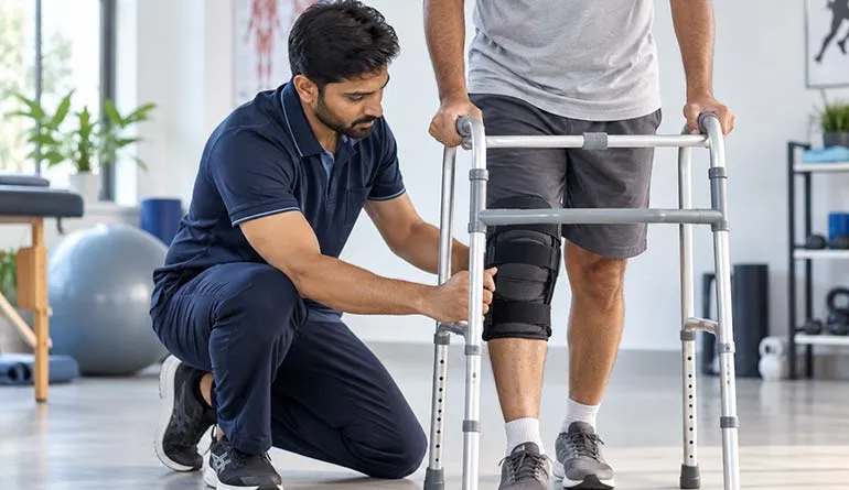 A clinician crouching beside a man walking with a frame in a rehabilitation gym, a hinged brace on his knee, steadying the frame with one hand.