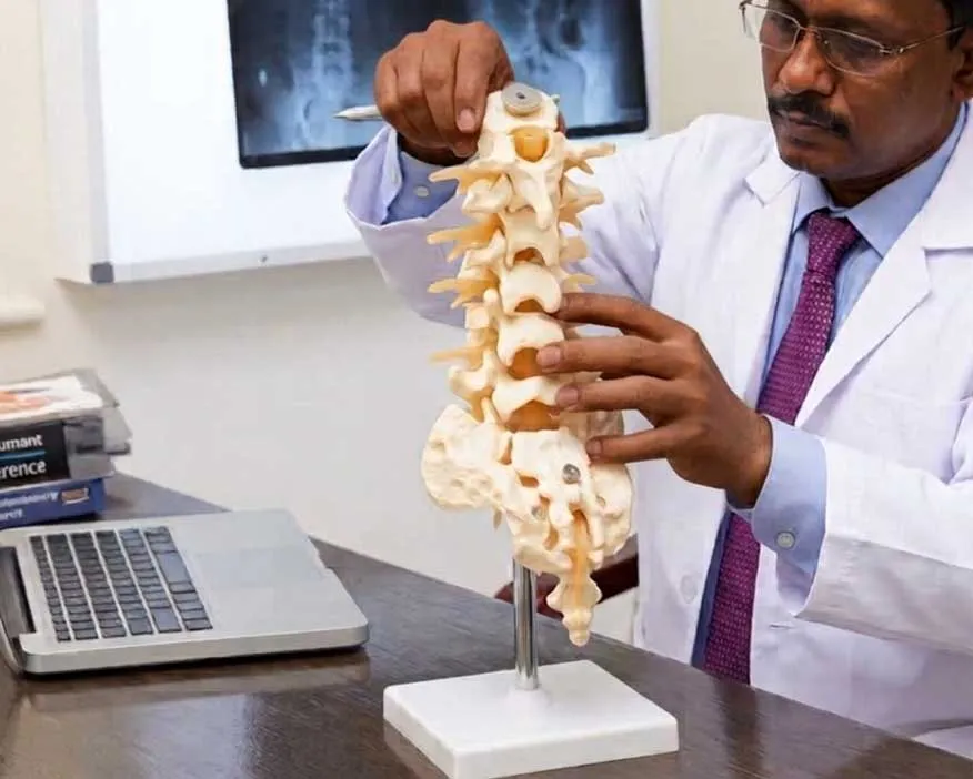 A clinician in a white coat at a desk holding an anatomical model of the lower spine and pelvis, an X-ray on the viewer behind.