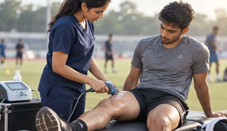 A clinician in navy scrubs holding a therapy handpiece against the thigh of a man seated on a treatment couch at the side of a sports ground, the treatment unit on a trolley beside them.