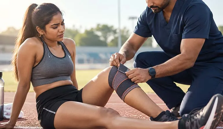 Sports physiotherapy at the trackside: a clinician fitting a knee support sleeve on an athlete seated on a running track.